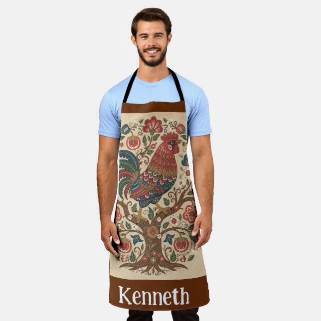 Delantal Folk Art Rooster Personalized Large Apron (Gastado)