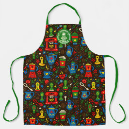 Delantal Folk coffee tools — emerald, red & cobalt on black