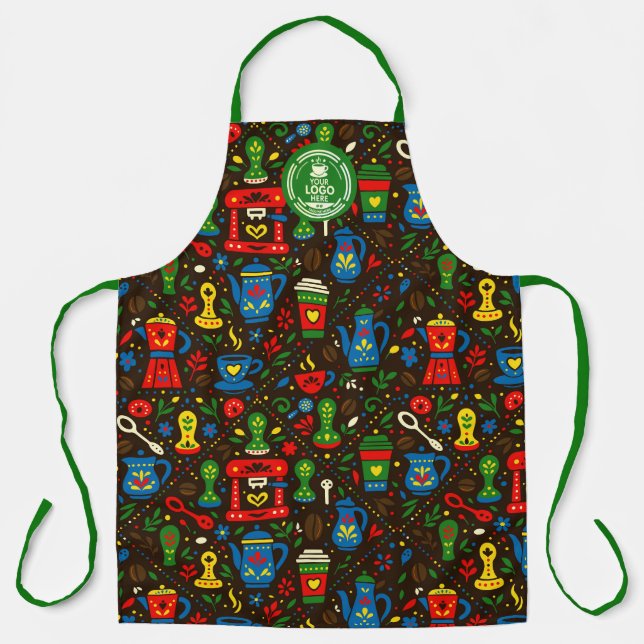 Delantal Folk coffee tools — emerald, red & cobalt on black (Anverso)