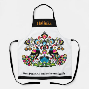 Delantal Folklore polaco con pavos reales, texto personaliz