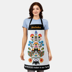 Delantal Folklore polaco con pavos reales, texto personaliz