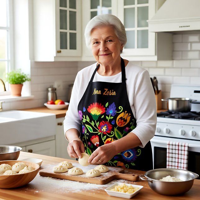 Delantal Folklore polaco Wycinanki, texto personalizado neg (Polish Folklore Wycinanki, custom text black Apron)