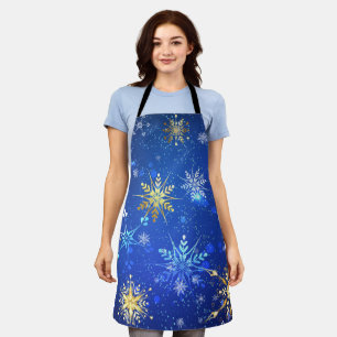 Delantal Fondo azul XMAS con copos de nieve dorados