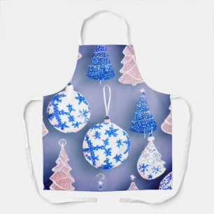 Delantal Fondo de ornamentos de copos de nieve azul y blanc