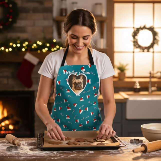 Delantal Foto de perro Verde azulado de Santa Hat Pattern N (Fun and festive teal apron that you can add your best friend's photo and name to (or your own) )