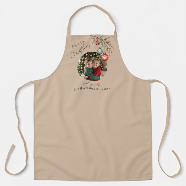 Delantal Foto familiar Niños Beige Feliz Navidad (Anverso)