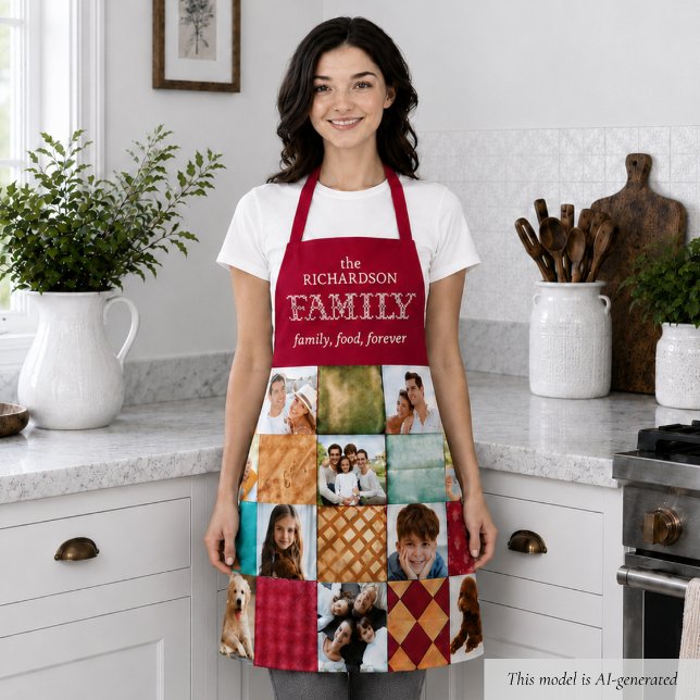 Delantal Foto familiar personalizada (elegant custom 10-photo red family food forever apron keepsake mothers day gift for mom)