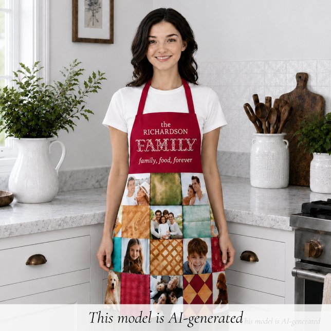 Delantal Foto familiar personalizada (elegant custom 10-photo red family food forever apron keepsake mothers day gift for mom)