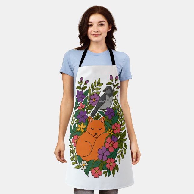 Delantal Fox, paloma y flores (Gastado)