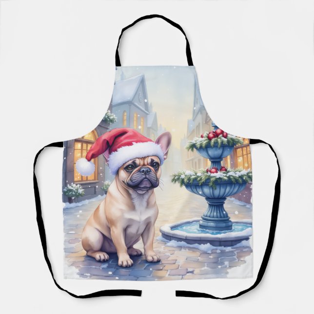 Delantal French Bulldog Snowy Town Fountain Santa Christmas (Anverso)