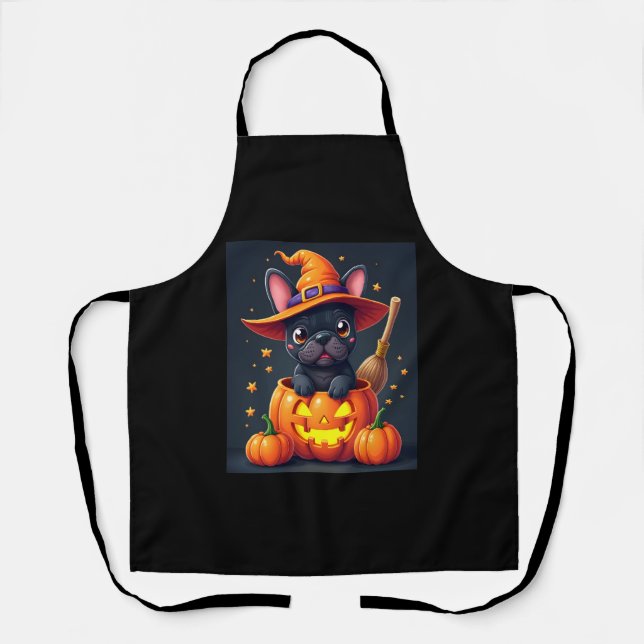 Delantal French Bulldog Witch Pumpkin Halloween Mens Womens (Anverso)