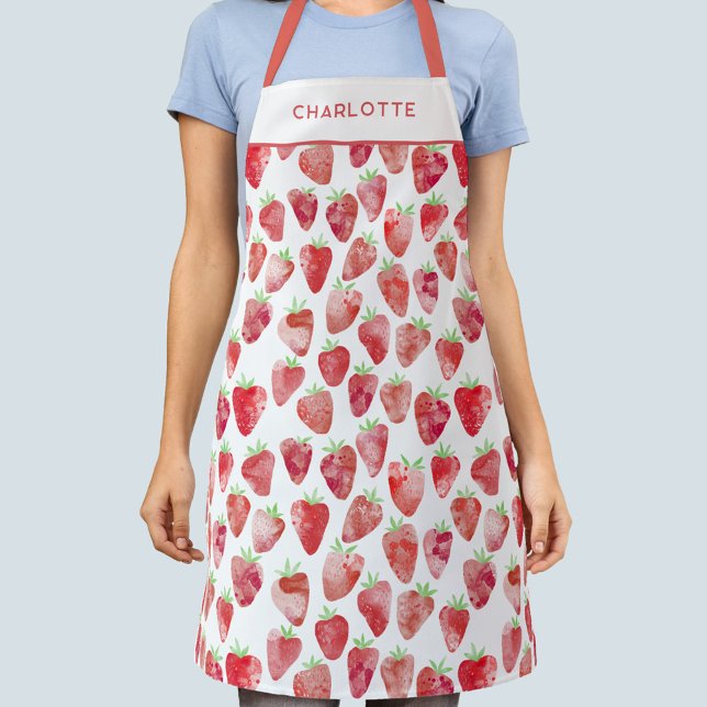 Delantal Fresa acuarela personalizada (Fun watercolor strawberry pattern personalized name apron)
