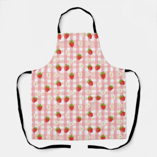 Delantal Fresa y flores en un gingham rosa
