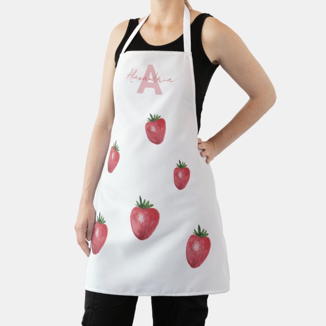 Delantal Fresas acuarela Monogramado pintado a mano (in situ)