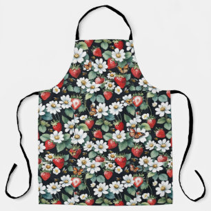 Delantal Fresas con flores y mariposas negro