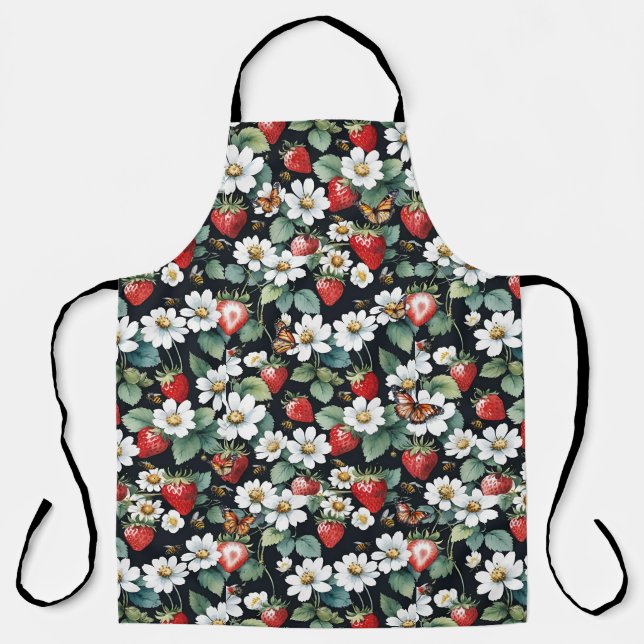Delantal Fresas con flores y mariposas negro (Anverso)