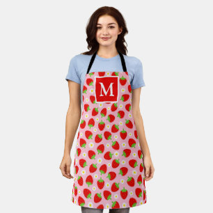 Delantal Fresas de Verano Rosadas y Rojas Monograma Adorabl