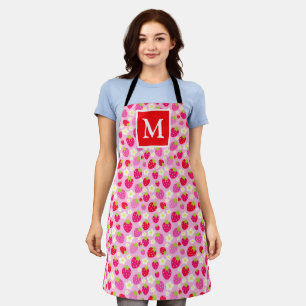 Delantal Fresas de Verano Rosadas y Rojas Monograma Adorabl