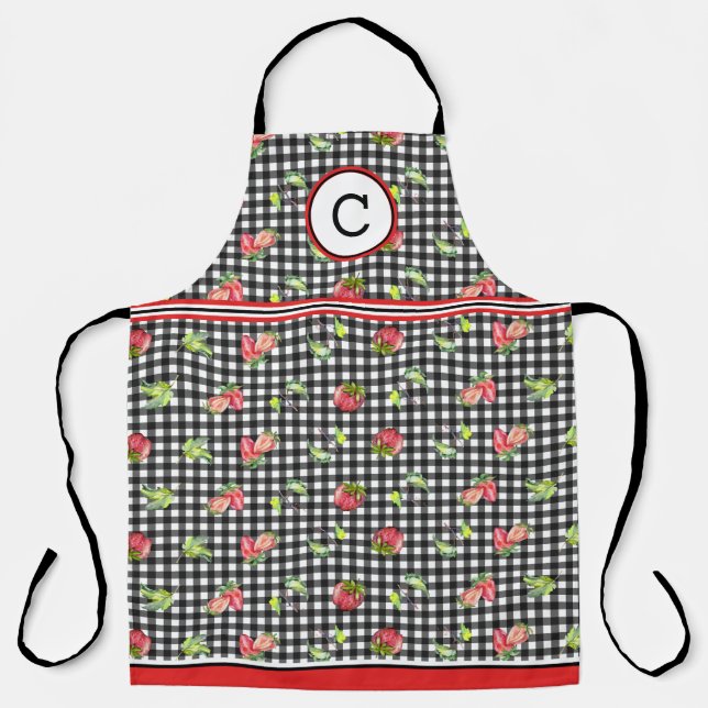 Delantal Fresas Sobre Gingham Negro Monogramado (Anverso)