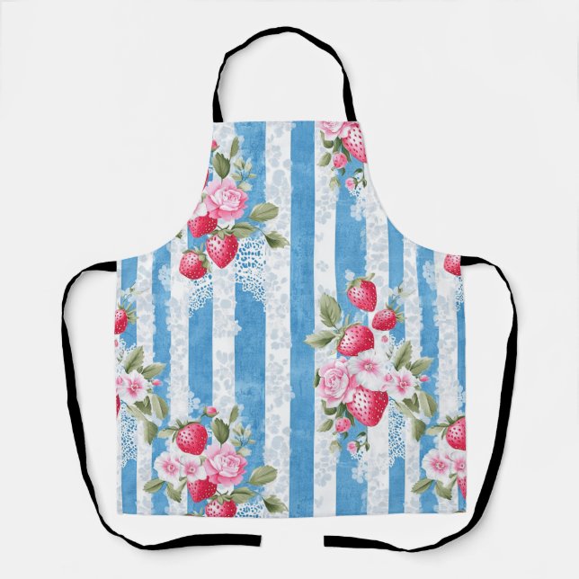 Delantal Fresas y flores antiguas en franjas azules (Anverso)