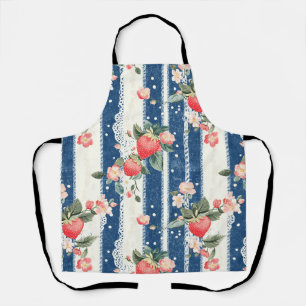 Delantal Fresas y flores antiguas en franjas azules (2)