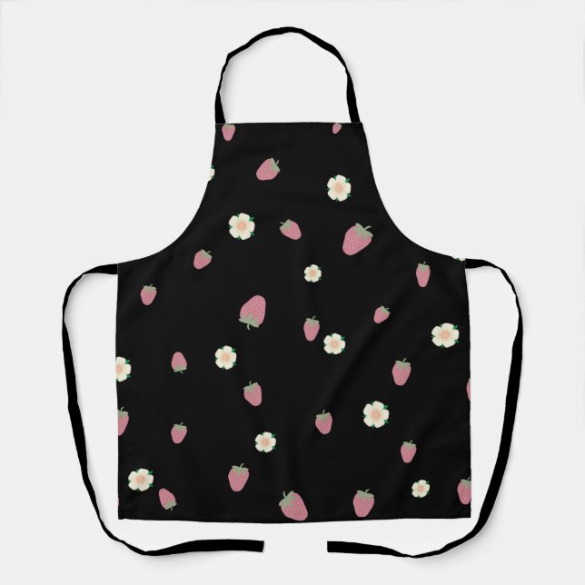 Delantal Fresas y flores Patrón negro (Anverso)