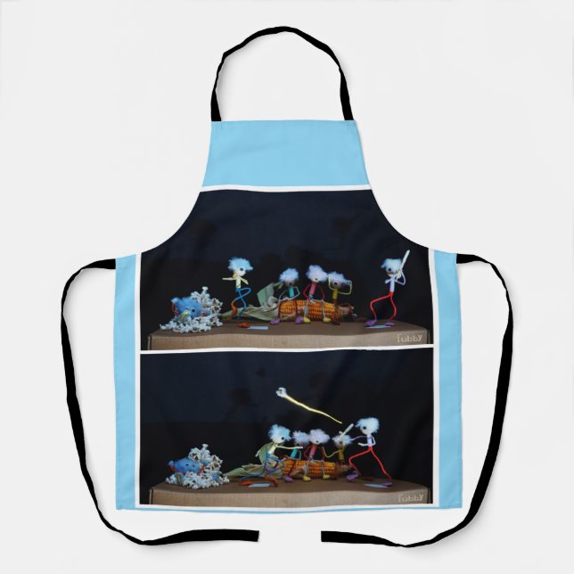 Delantal Fubby die slagbal spelen met mais/popcorn. (Anverso)