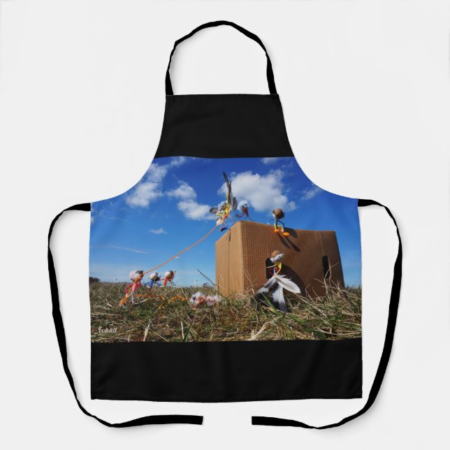 Delantal Fubby's die spelen met veren en vliegen. (Anverso)