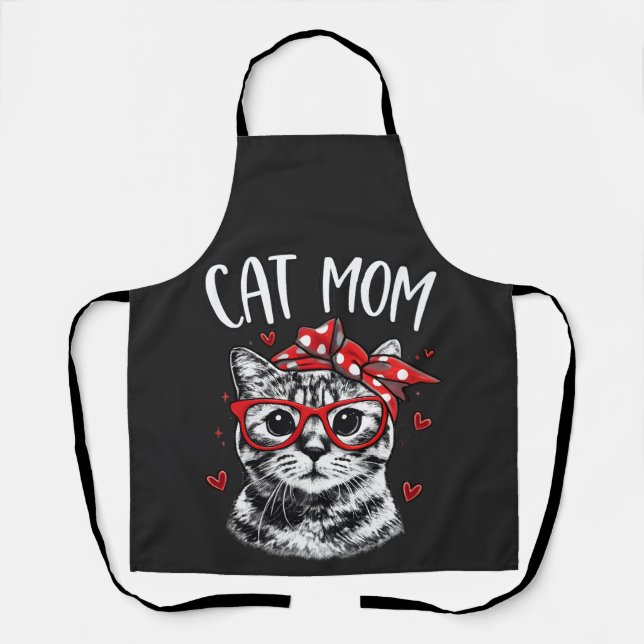 Delantal Funny Cat Mom with Glasses & Bandana Black Kitchen (Anverso)