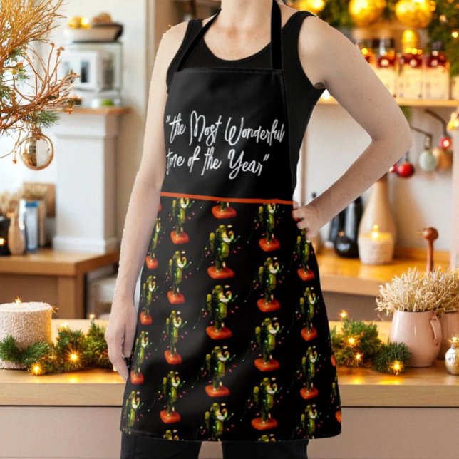 Delantal Funny Christmas Lights on Cactus Candle Pattern (cactus candle draped in Christmas light with template text all-over design apron)