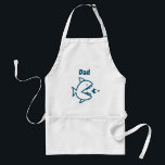 Delantal Funny Dad Shark White Blue Chef<br><div class="desc">¡El padre, padre, padre, padre, padre, padre, padre, padre blanco y azul, ahora puede emparejar a mamá y a los niños con este delgado delantal de diseño de tiburón! Diseñado con tiburón papi persiguiendo peces más pequeños centrados en la parte delantera del delantal con el nombre de un niño en...</div>