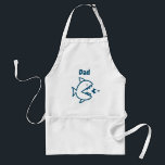 Delantal Funny Dad Shark White Blue Chef<br><div class="desc">¡El padre, padre, padre, padre, padre, padre, padre, padre blanco y azul, ahora puede emparejar a mamá y a los niños con este delgado delantal de diseño de tiburón! Diseñado con tiburón papi persiguiendo peces más pequeños centrados en la parte delantera del delantal con el nombre de un niño en...</div>