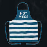 Delantal Funny Hot Mess Navy Blue White Stripes Baking<br><div class="desc">Añade algunas risas a tu hora de cocina con este divertido Apron de hormigón blanco azul de la Marina Hot Mess. Está diseñado con rayas horizontales de color azul oscuro y blanco y letras en negrita de bloques blancos en la parte superior del área sólida. También puede personalizar los colores...</div>