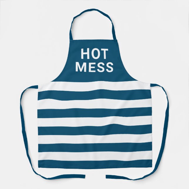 Delantal Funny Hot Mess Navy Blue White Stripes Baking  (Anverso)