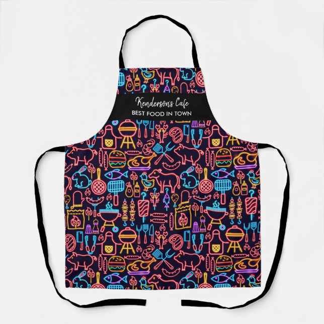 Delantal Funny Neon BBQ Patrón de alimentos Personalizado C (Anverso)