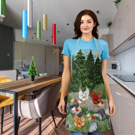 Delantal Gallinas, pollitos y copos de nieve azul claro