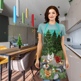 Delantal Gallinas, pollitos y copos de nieve azul turquesa