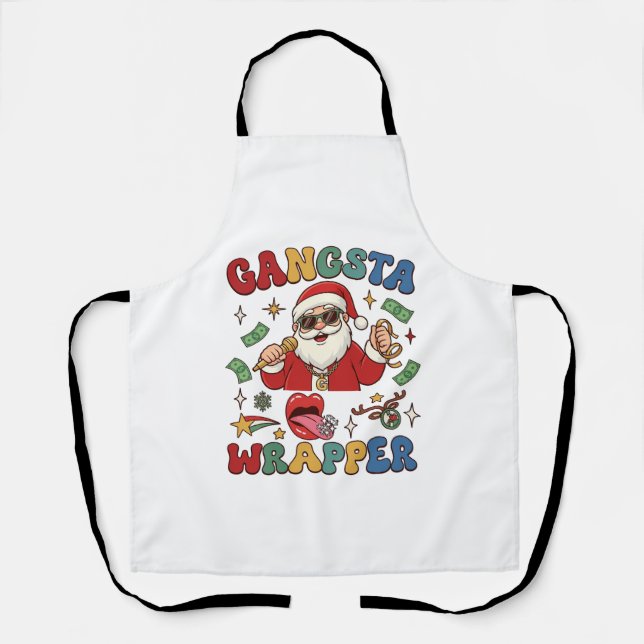Delantal Gangsta Wrapper Santa de Navidad Micrófono Dinero (Anverso)