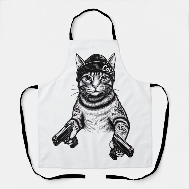 Delantal Gangster Cat Tattoo Art | Cool Streetwear Kitty (Anverso)