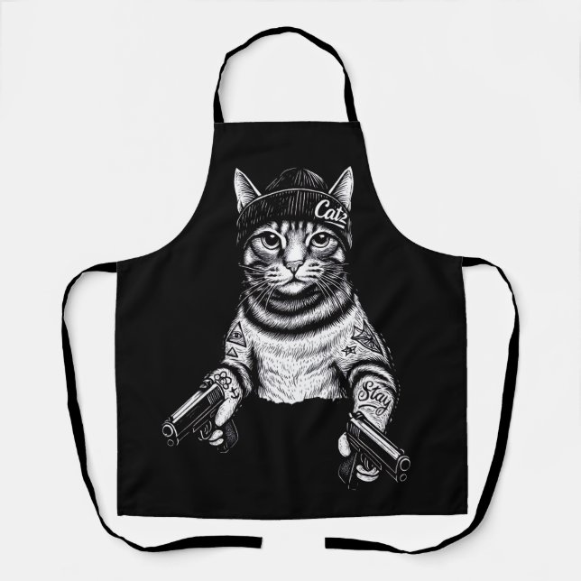 Delantal Gangster Cat Tattoo Art | Cool Streetwear Kitty (Anverso)