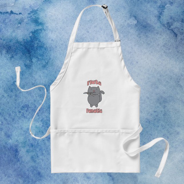 Delantal Gata Gris Fanática de la Flauta (An apron with a flute playing gray cat and the words flute fanatic in pink.)