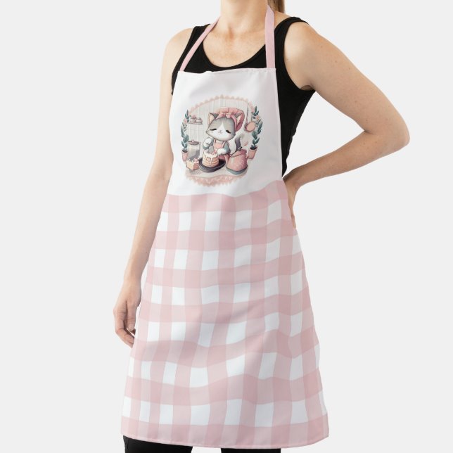 Delantal Gatito con sabor a pan con patrón de Gingham rosa (in situ)