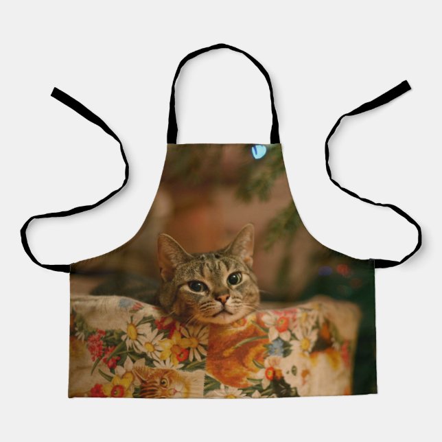 Delantal Gatito mirando detrás del árbol de Navidad (Anverso)