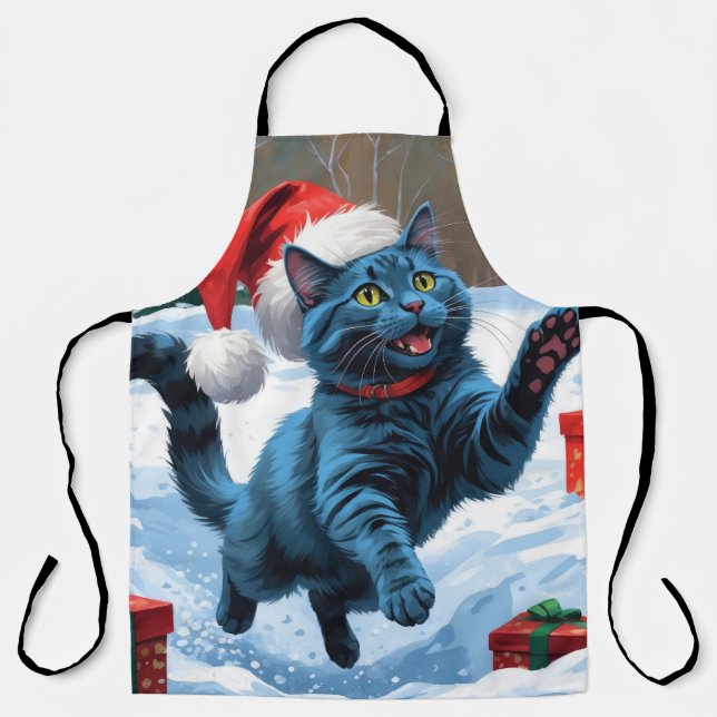 Delantal Gato azul ruso corre Nieve con Gorra Navidad (Anverso)