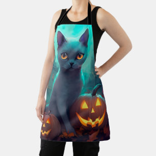 Delantal Gato azul ruso de Halloween con calabazas aterrado
