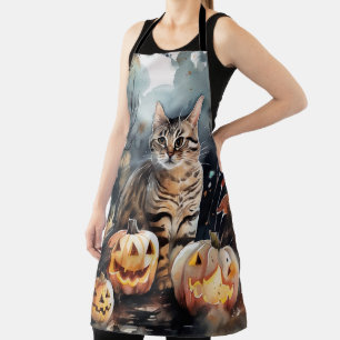 Delantal Gato Bengal Halloween con calabazas espeluznantes