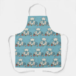 Delantal Gato Blanco Adorable Tejiendo Patrón de Hilo Azul 