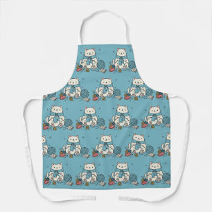 Delantal Gato Blanco Adorable Tejiendo Patrón de Hilo Azul