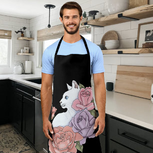 Delantal Gato Blanco Floral Pastel Botánico Romántico Negro