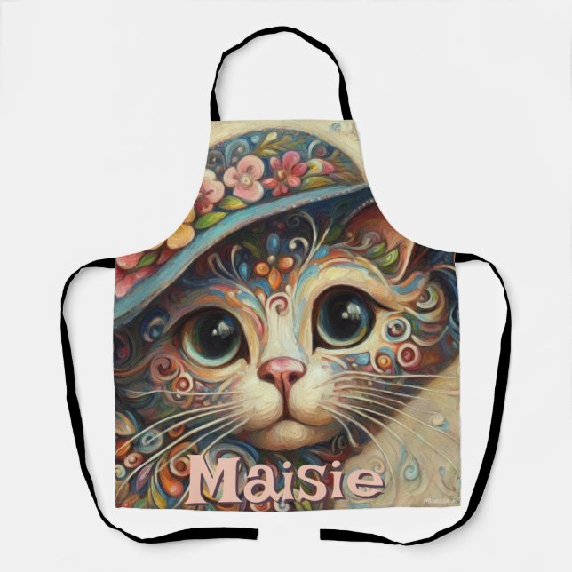 Delantal Gato caprichoso con floral Gorra personalizado (Anverso)